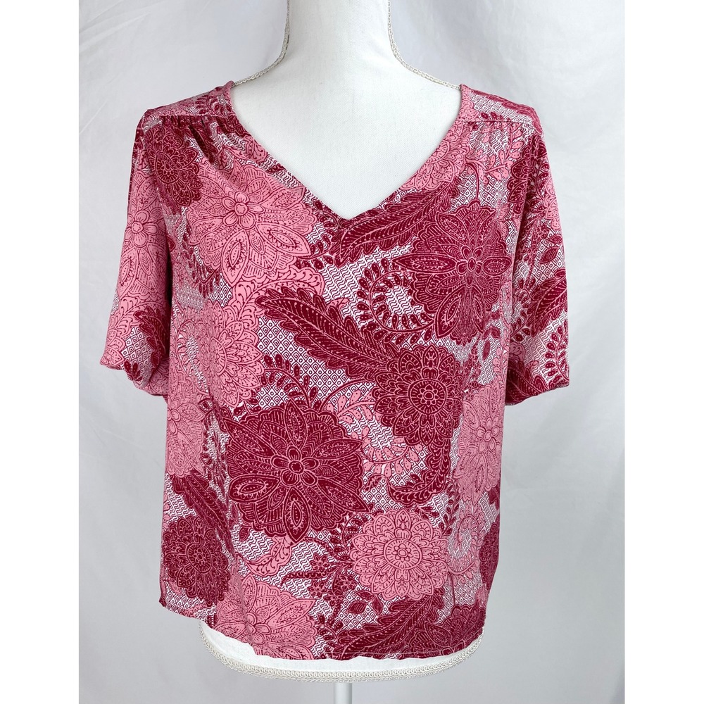 Loft Blouse MEDIUM Pink Floral Short Sleeve Topz